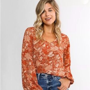 Daytrip Floral V-Neck Blouse - Rust